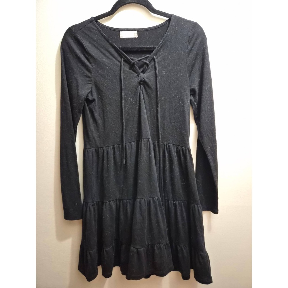 Altar'd State Womens XS Black Lace Up Long Sleeve Stretchy Babydoll Ruffle Dress